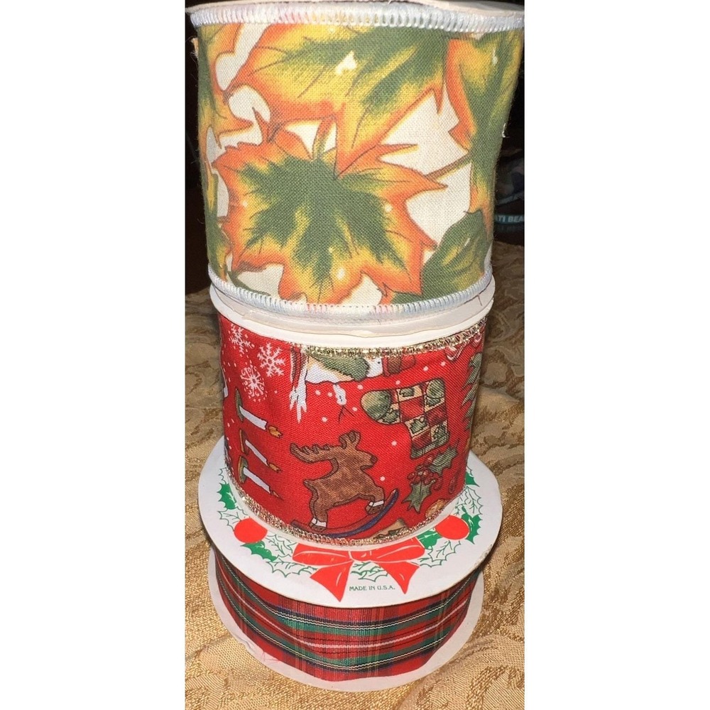 Vintage 90s Offray Plaid & Horizon Fabrics Fall Christmas Wire Edge Ribbon Lot 3